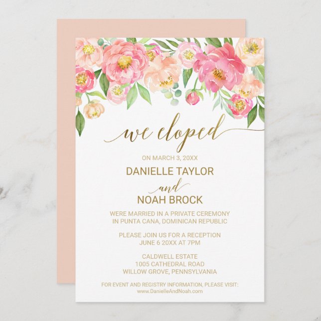 Invitación Recepción de Elopement con flores de peón rosa y r (Anverso / Reverso)