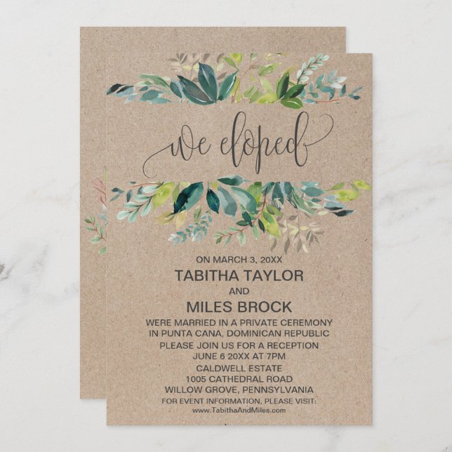 Invitación Recepción de Elopement con Follaje Kraft (Anverso / Reverso)