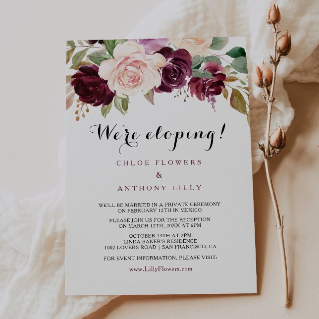 Invitación Recepción de Elopement de Floral de Borgoña en Rub (Subido por el creador)
