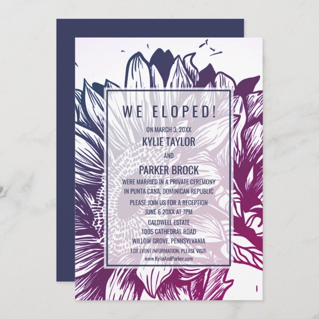 Invitación Recepción de Elopement de Girasoles Ombre Azules y (Anverso / Reverso)