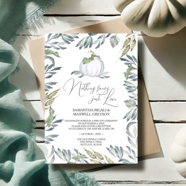 Invitación Recepción de Elopement de Verdor de Calabaza Blanc (Reception invitation fall white pumpkin nothing fancy just love Victoria Grigaliunas VG Invites)