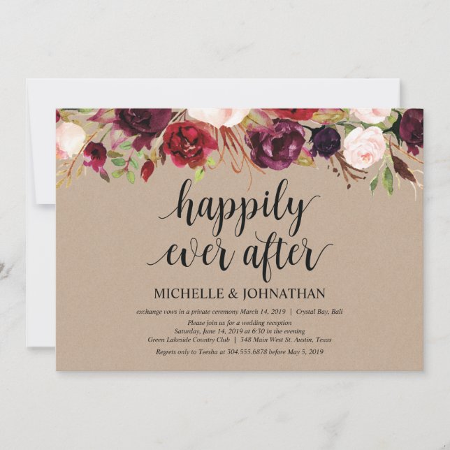 Invitación Recepción de Elopement Floral de Borgoña Kraft inv (Anverso)