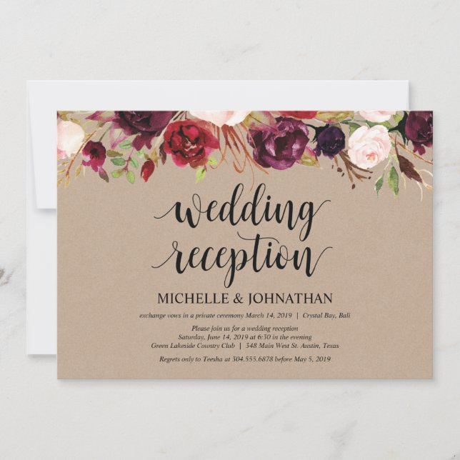 Invitación Recepción de Elopement Floral de Borgoña Kraft inv (Anverso)