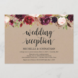 Invitación Recepción de Elopement Floral de Borgoña Kraft inv
