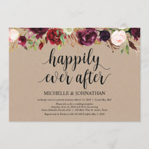 Invitación Recepción de Elopement Floral de Borgoña Kraft inv