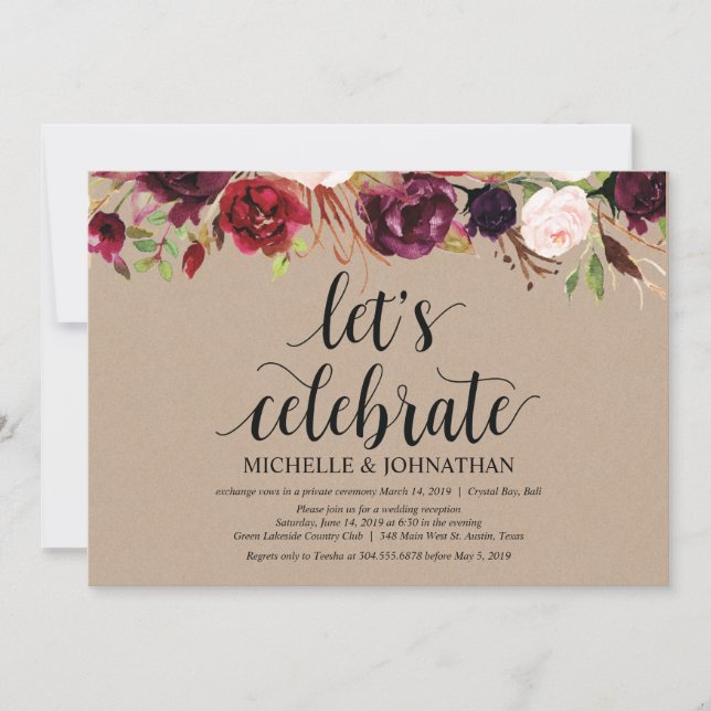 Invitación Recepción de Elopement Floral de Borgoña Kraft inv (Anverso)