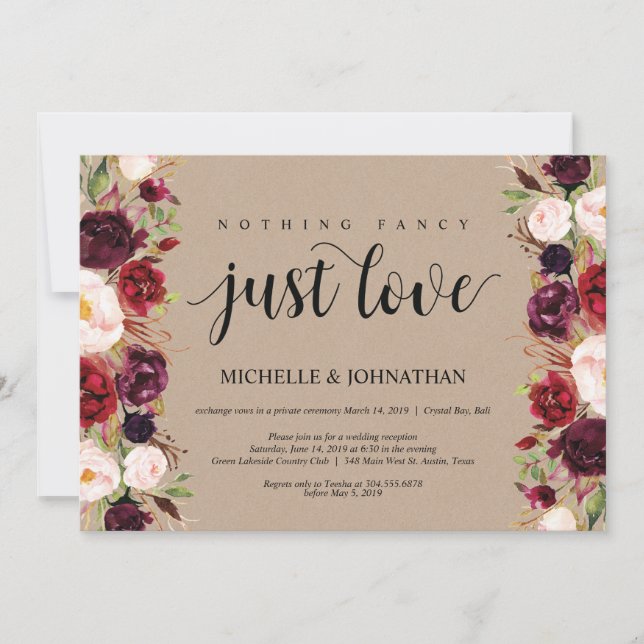 Invitación Recepción de Elopement Floral de Borgoña Kraft inv (Anverso)
