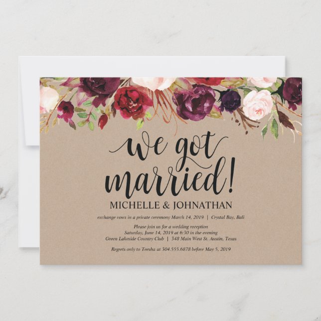 Invitación Recepción de Elopement Floral de Borgoña Kraft inv (Anverso)