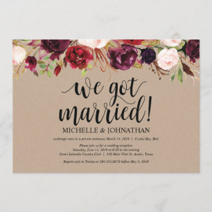 Invitación Recepción de Elopement Floral de Borgoña Kraft inv