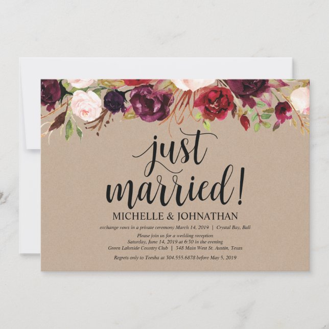 Invitación Recepción de Elopement Floral de Borgoña Kraft inv (Anverso)