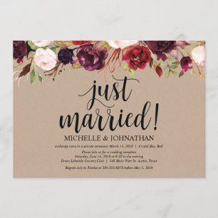 Invitación Recepción de Elopement Floral de Borgoña Kraft inv