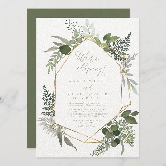Invitación Recepción de Elopement Geométric Gold Green Foliag (Subido por el creador)