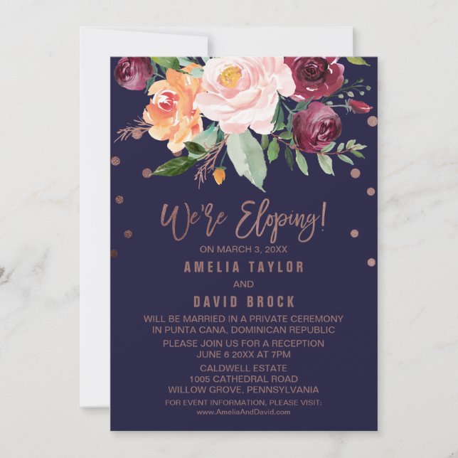Invitación Recepción de Elopement Gold Rosa Floral de otoño (Anverso)