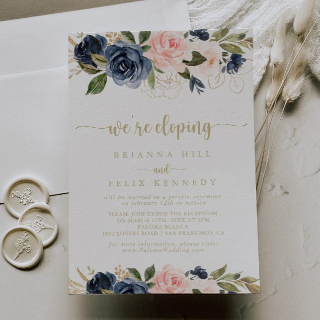 Invitación Recepción de Elopement Navy Rubor Floral Gold (Subido por el creador)