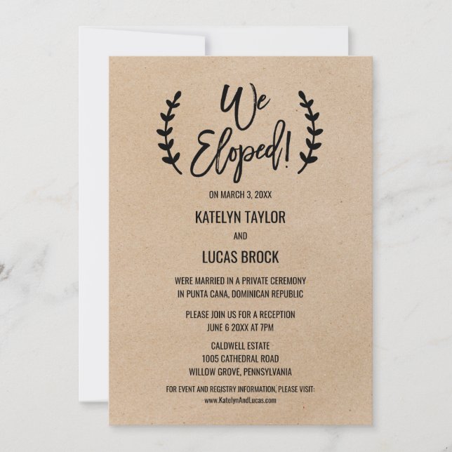 Invitación Recepción de Elopement Rustic Moda Faux Kraft (Anverso)