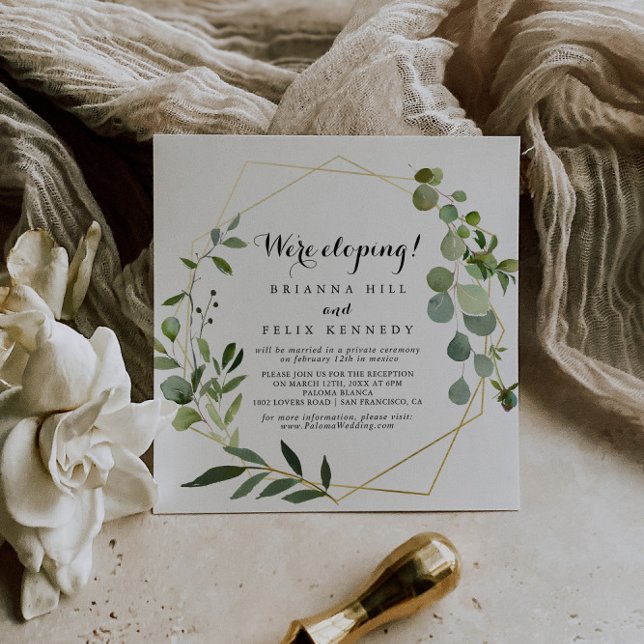 Invitación Recepción de Elopement Verde Tropical de Oro Geomé (Subido por el creador)