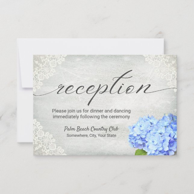 Invitación Recepción de encaje blanco floral de hortensia azu (Anverso)