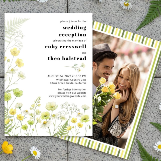 Invitación Recepción de Foto de Franja de Flor Silvestre de C (Wedding Reception Only Invitation - from Citrus Green Wildflower wedding collection by Darling & May)