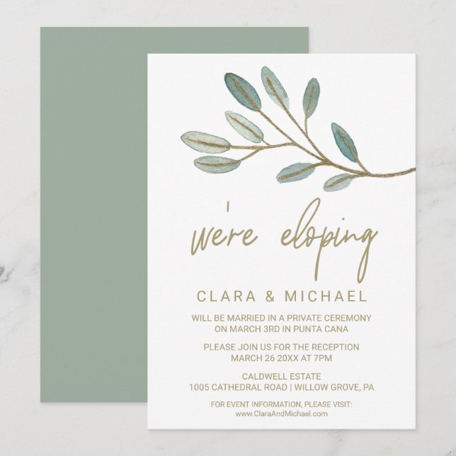 Invitación Recepción de fuga con eucalipto veteado en oro (Anverso / Reverso)