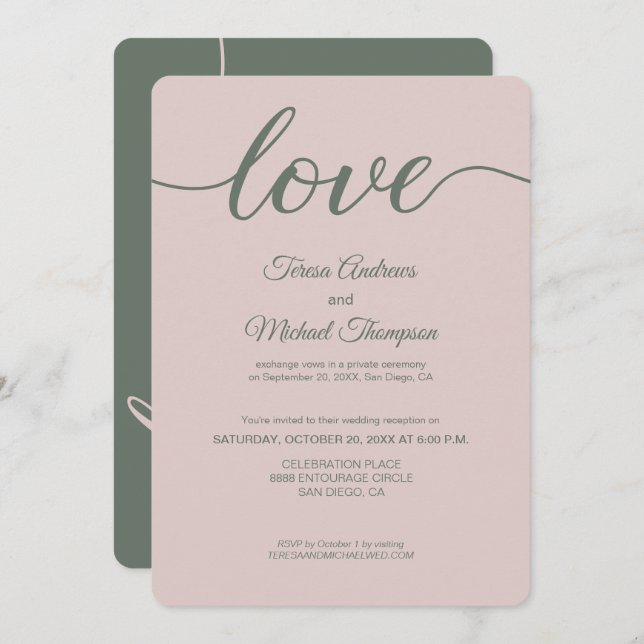 Invitación Recepción de fuga de amor moderno verde y rosa pol (Anverso / Reverso)