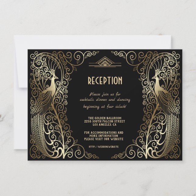 Invitación Recepción de Gala de Pavos Reales Art Déco Glam (Anverso)