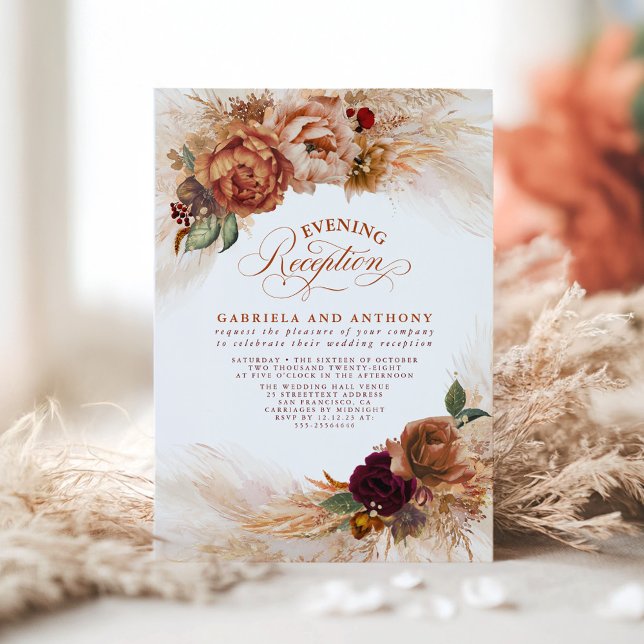 Invitación Recepción de Grass Terracotta Floral Pampas (Terracotta Floral Fall Wedding Evening Reception Invitations)