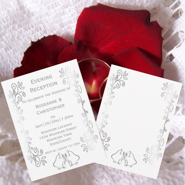 Invitación Recepción de la boda de la baraja de las campanas  (Silver wedding reception invitation bells and scrollwork design)