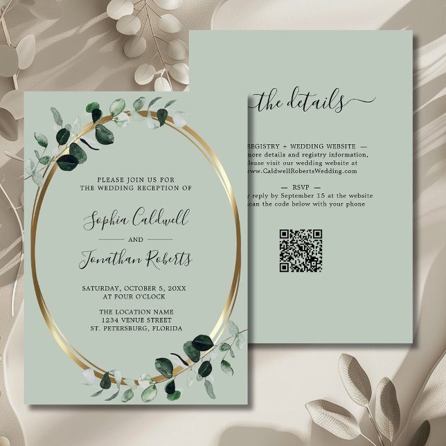 Invitación Recepción de la boda de la boda del sabio metálico (Eucalyptus Gold Sage QR Code Wedding Reception Invitation)