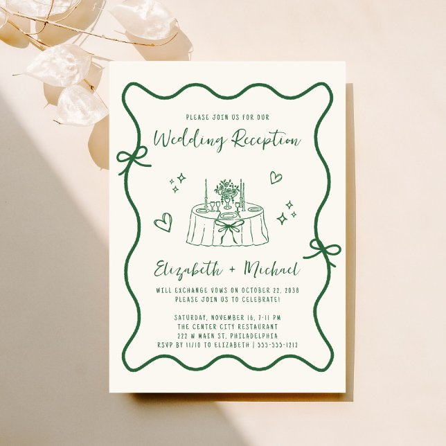 Invitación Recepción de la boda de la crema verde dibujada a  (Fun reception invitation featuring a whimsical hand drawn wedding table with hearts + coquette bows)