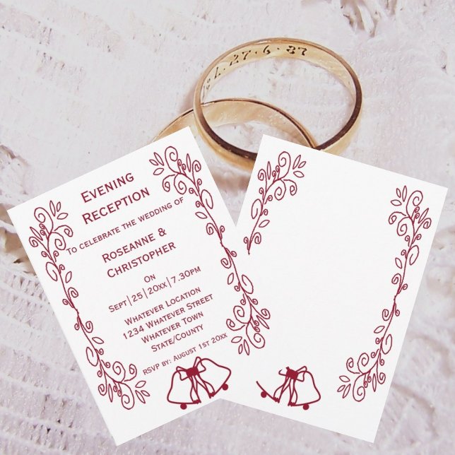Invitación Recepción de la boda de la mano de los pepitas de  (Burgundy wedding reception invitation bells and scrollwork design)