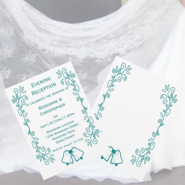 Invitación Recepción de la boda de la obra de desplazamiento  (Teal bells scrollwork wedding reception invitation)