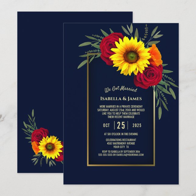 Invitación Recepción de la boda de la rosa roja del girasol d (Anverso / Reverso)