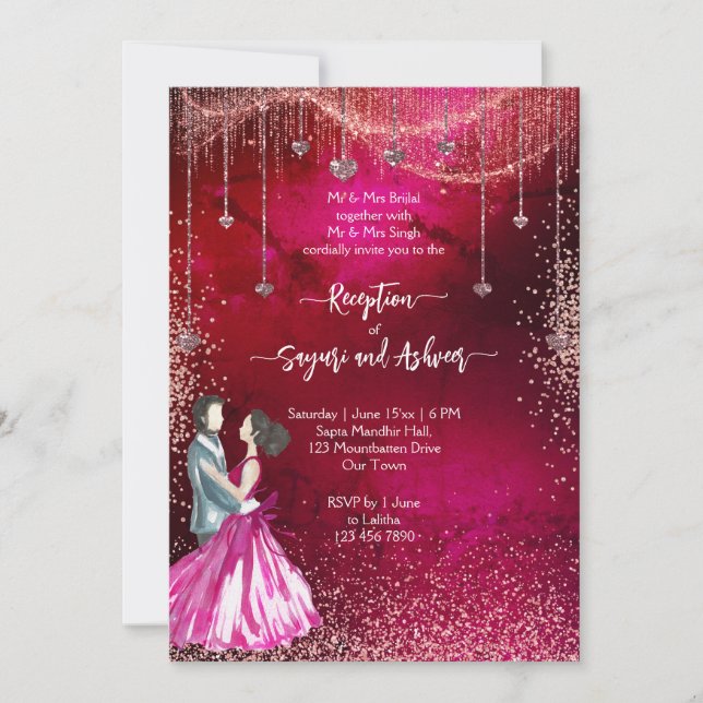 Invitación Recepción de la boda de purpurina de oro con rosa  (Anverso)