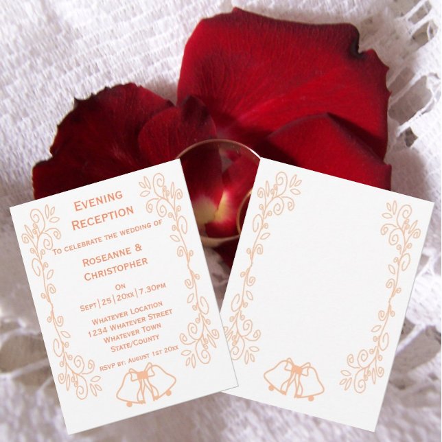 Invitación Recepción de la boda del trabajo de desplazamiento (Peach wedding reception invitation bells and scrollwork design)