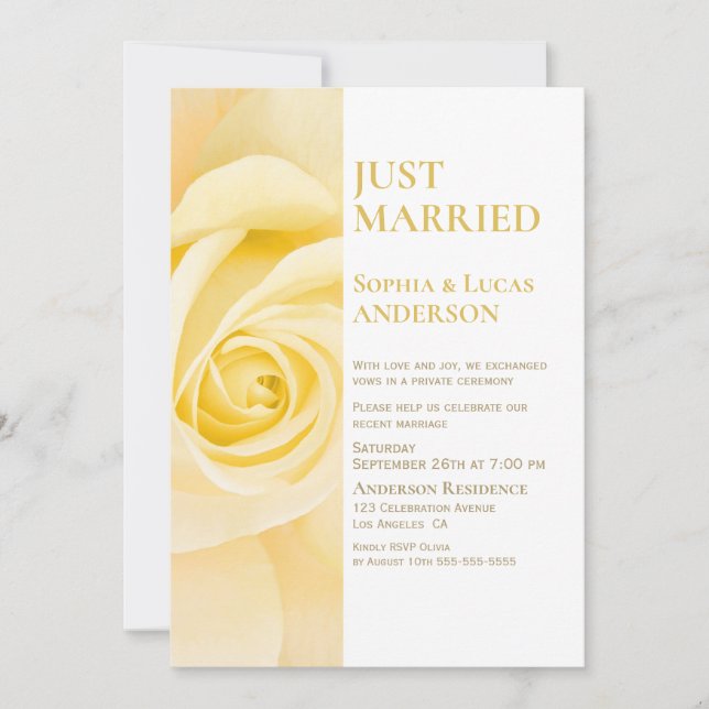 Invitación Recepción de la boda rosa amarilla recién casada (Anverso)