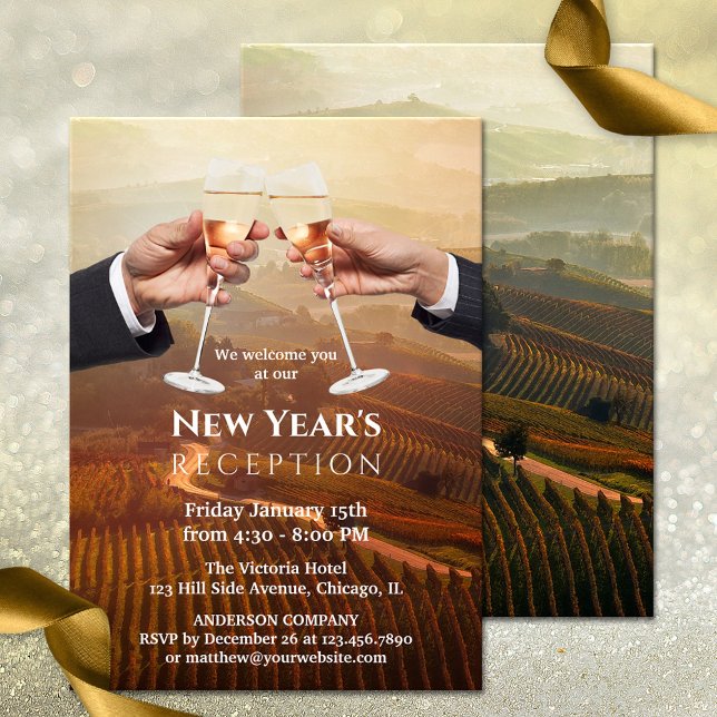 Invitación Recepción de la casa abierta de Champagne Company (An elegant New Year Reception or Open House invitation for a company or business, featuring a toast )