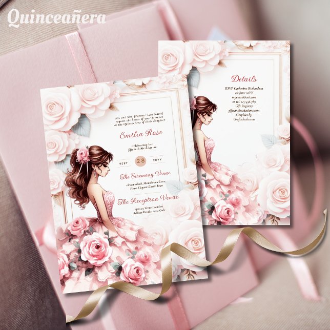 Invitación Recepción de la ceremonia de la quinceanera rosa d (Subido por el creador)