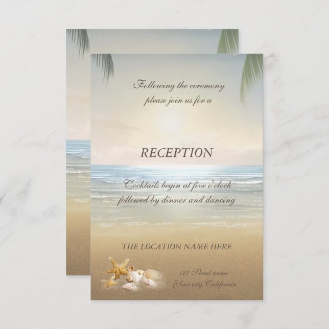 Invitación Recepción de la playa al atardecer de palmeras (Anverso / Reverso)