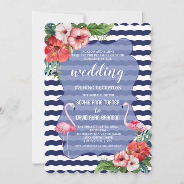 Invitación Recepción de Luau Flamingo Boda Floral por la noch (Anverso)