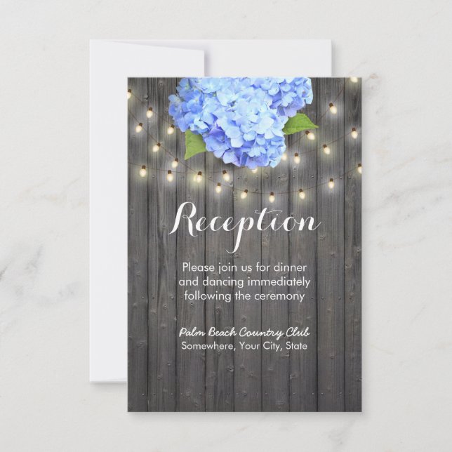 Invitación Recepción de madera de granero con Hortensia Azul  (Anverso)