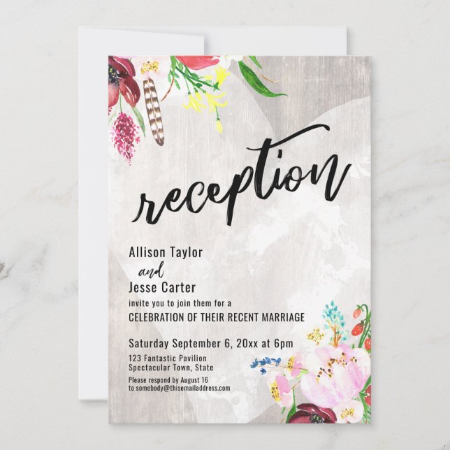 Invitación Recepción de Madera Rústica Floral Boho Corazón (Anverso)