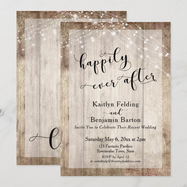 Invitación Recepción de madera rústica y luces felices para s (Anverso / Reverso)