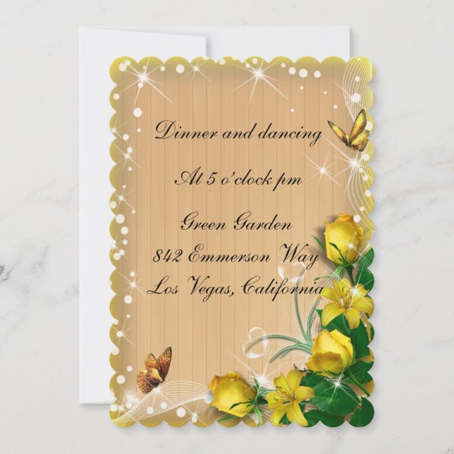Invitación Recepción de Mariposa Floral Amarilla de Madera Rú (Anverso)