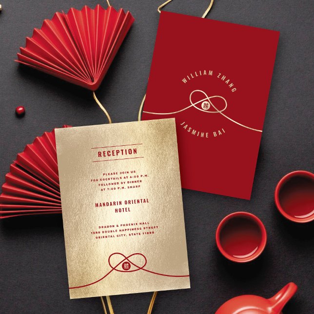 Invitación Recepción de matrimonio chino Xi doble de Unión de (Gold/Red Knot Union Double Happiness Modern Chinese Wedding Reception Invitation @ fatfatin_red_knot)