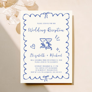 Invitación Recepción de matrimonio con crema azul dibujada a