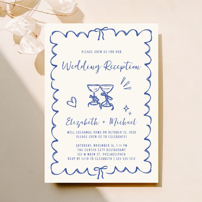 Invitación Recepción de matrimonio con crema azul dibujada a  (Fun reception invitation featuring whimsical hand drawn wine glasses with hearts + coquette bows)