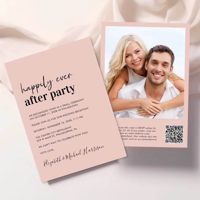 Invitación Recepción de matrimonio de foto moderada mínima QR (An chic Happily Ever After Party all-in-one invitation for your wedding celebration)