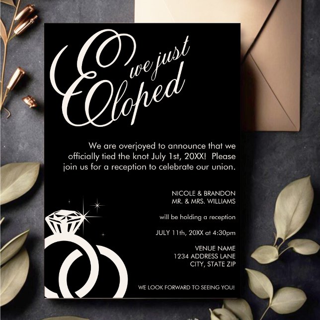 Invitación Recepción de matrimonio de fotos de anillo de diam (White & Black Diamond Ring Photo Wedding Reception Invitation)