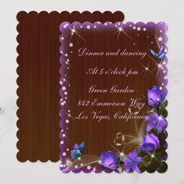 Invitación Recepción de matrimonio floral púrpura de madera o (Anverso / Reverso)