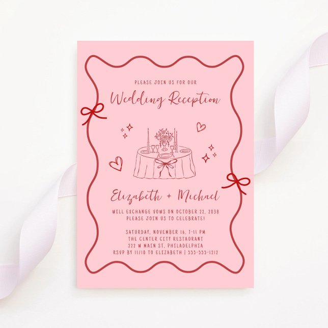 Invitación Recepción de matrimonio por tramo de marea roja y  (Fun reception invitation featuring a whimsical hand drawn wedding table with hearts + coquette bows)